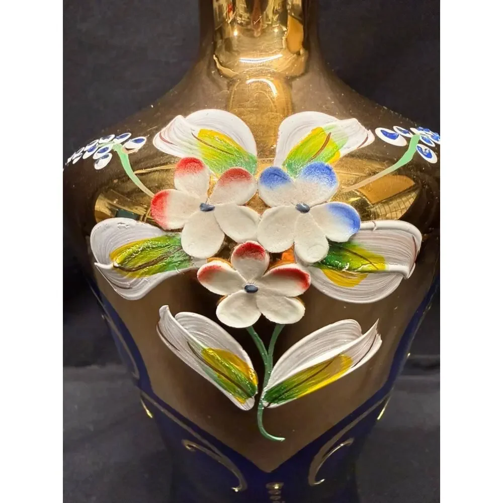 Cobalt Blue & Gold Bohemian Style Decanter (5) Shot Glasses Hand Painted Flowers